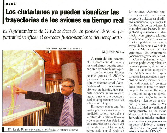 Noticia publicada en el semanario EL FAR sobre la puesta en marcha del sistema SIGMA por parte del Ayuntamiento de Gav (31 de Julio de 2009)